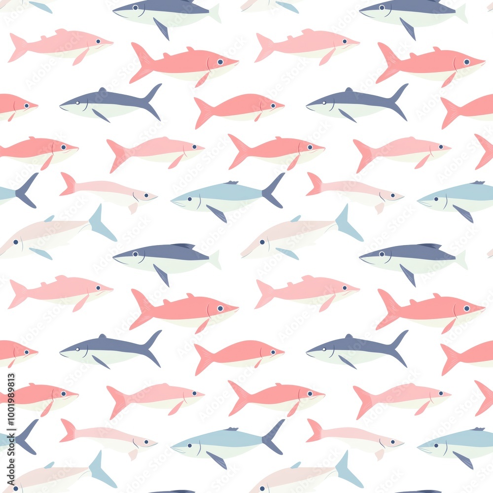 A colorful, repeated pattern of various fish, including pink, blue, and white tones, on a light background, suitable for fabric or wallpaper design. A colorful, repeated pattern of various fish, including pink, blue, and white tones, on a light background, suitable for fabric or wallpaper design.