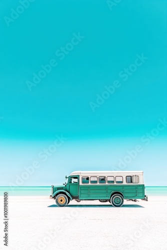 Obraz na płótnie A vintage green bus parked on a bright, sandy beach under a clear blue sky. w salonie