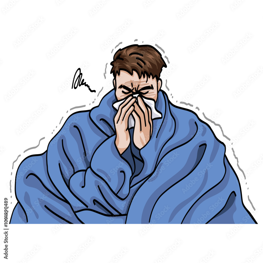 Sick Man Sneezing Covering Blanket Shivering Cold Flu Ill Vector Drawing Illustration Sick Man Sneezing Covering Blanket Shivering Cold Flu Ill Vector Drawing Illustration