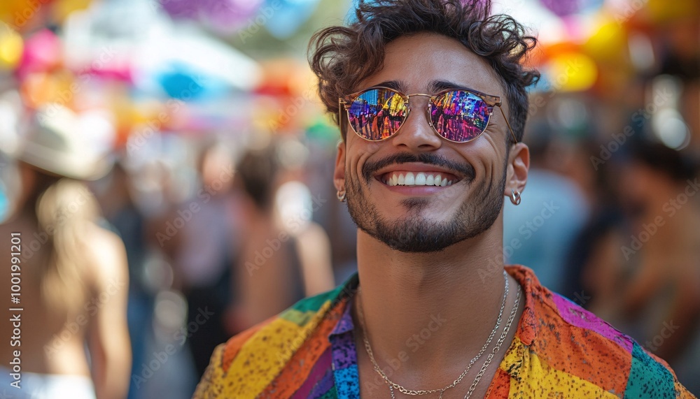 Confident LGBTQ+ Person at Pride Festival in Colorful Shirt Smiling Outdoors - Medium Shot with Vibrant Decorations in Background Confident LGBTQ+ Person at Pride Festival in Colorful Shirt Smiling Outdoors - Medium Shot with Vibrant Decorations in Background
