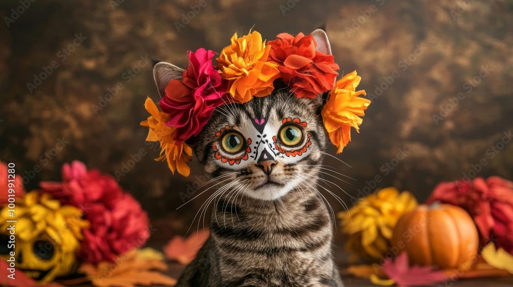 Cat in an elegant sugar skull costume, sitting proudly in front of a traditional Day of the Dead altar Cat in an elegant sugar skull costume, sitting proudly in front of a traditional Day of the Dead altar