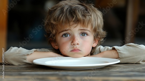 Young Hungry boy kid in front of an empty plate , starvation under nutrition concept, child nutritional deficiencies  photo