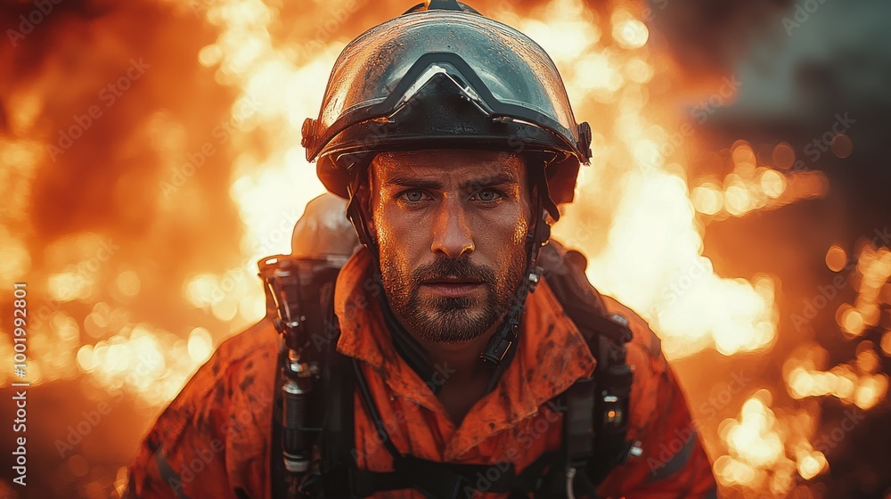 Brave firefighter battling wildfires in a dense forest during a dramatic sunset amid flames and smoke Brave firefighter battling wildfires in a dense forest during a dramatic sunset amid flames and smoke