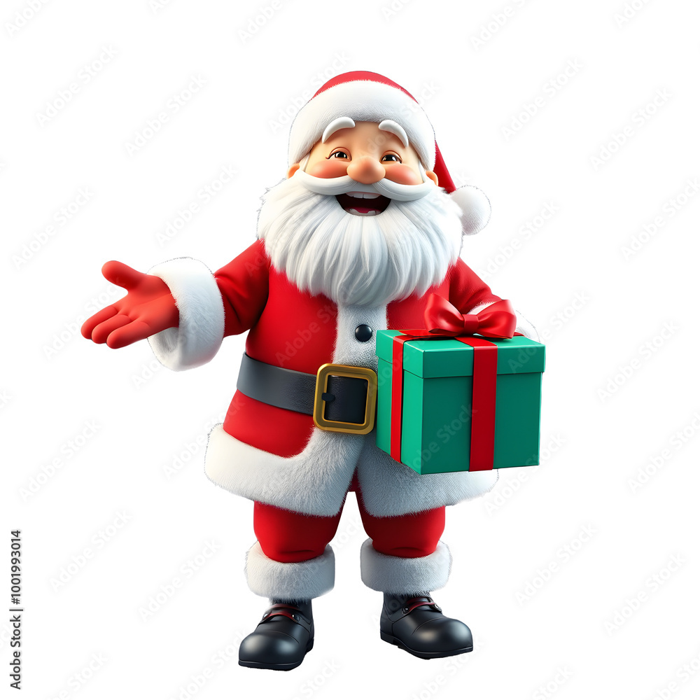 3D Cartoon Santa Claus Extending Hand and Holding Gift Box on Transparent Background 3D Cartoon Santa Claus Extending Hand and Holding Gift Box on Transparent Background