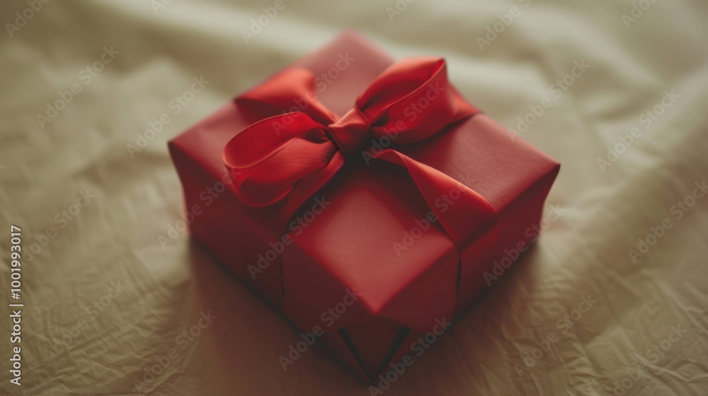 Bright Red Gift Box with Ribbon on Soft Surface Bright Red Gift Box with Ribbon on Soft Surface