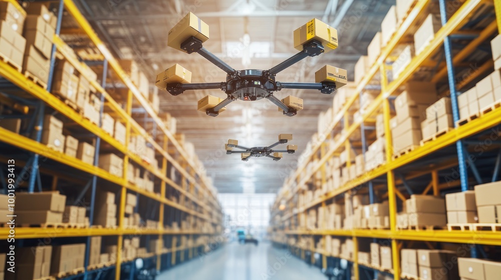 Two drones delivering packages in a large warehouse with shelves full of boxes. Two drones delivering packages in a large warehouse with shelves full of boxes.