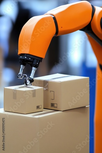 Robotic arm picking up cardboard boxes in a warehouse.