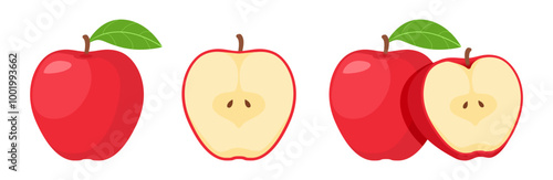 whole and half sliced red apple vector illustration, healthy sweet fruits