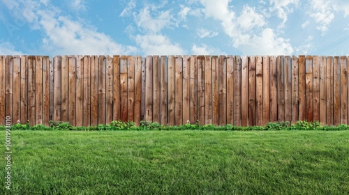 Wooden Fence Under Blue Sky with Green Grass