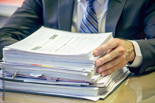 consultants hand resting on stack of important documents, showcasing busy work environment Generative AI 