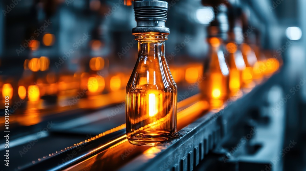 Bottles on production line with warm lighting effects Bottles on production line with warm lighting effects