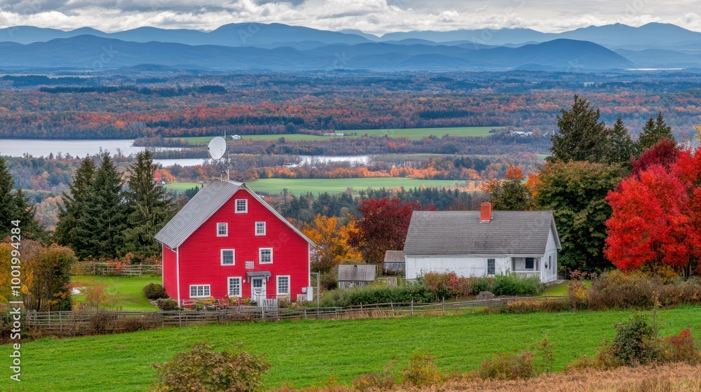 A picturesque rural landscape featuring a red barn, white house, and vibrant autumn foliage. A picturesque rural landscape featuring a red barn, white house, and vibrant autumn foliage.