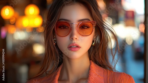 A young woman with long hair wearing stylish sunglasses poses confidently on a city street during golden hour