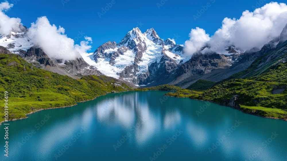 Majestic Mountain Lake with Snow capped Peaks and Clouds Majestic Mountain Lake with Snow capped Peaks and Clouds