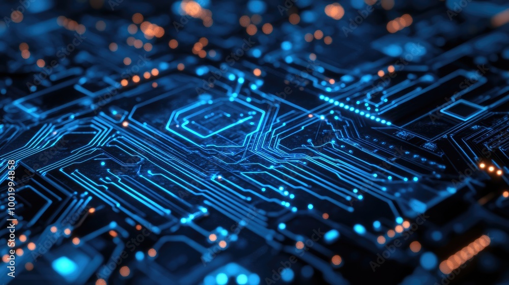 Circuit board design with nodes and connections, illustrating the intricate web of modern technology. Circuit board design with nodes and connections, illustrating the intricate web of modern technology.