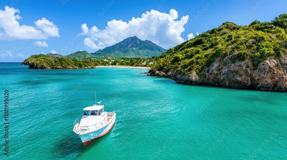 Obraz premium Tropical Island Paradise with Boat Clear Blue Water and Lush Green Hills