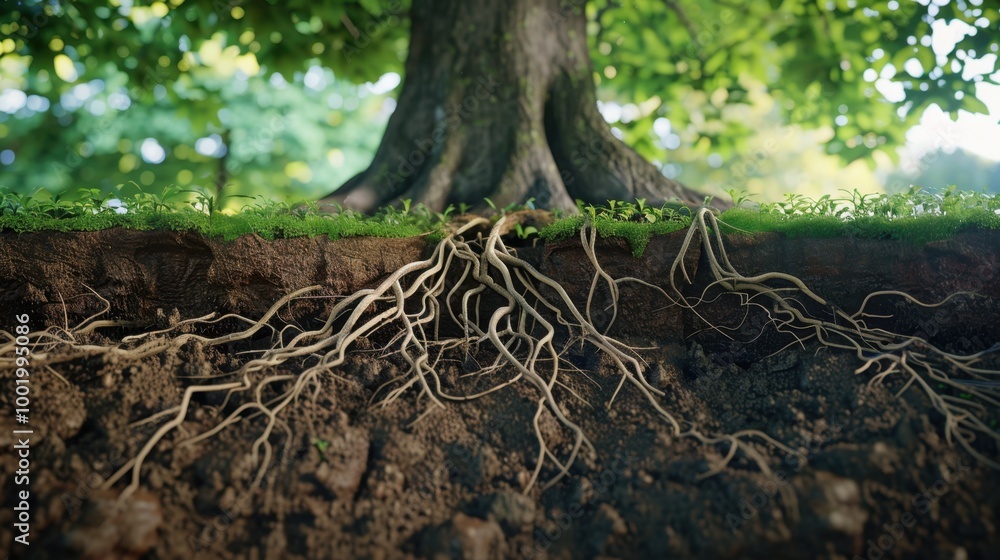 Fototapeta premium Roots and Soil Beneath a Tree Canopy in Nature