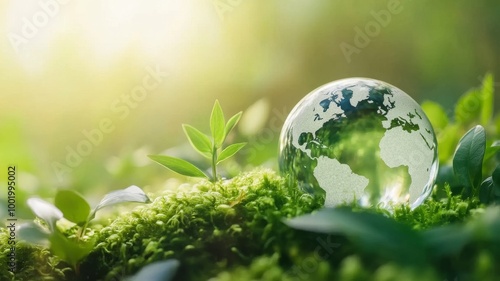 A crystal globe resting on vibrant green moss surrounded by delicate plants, illuminated by soft sunlight in a serene outdoor setting