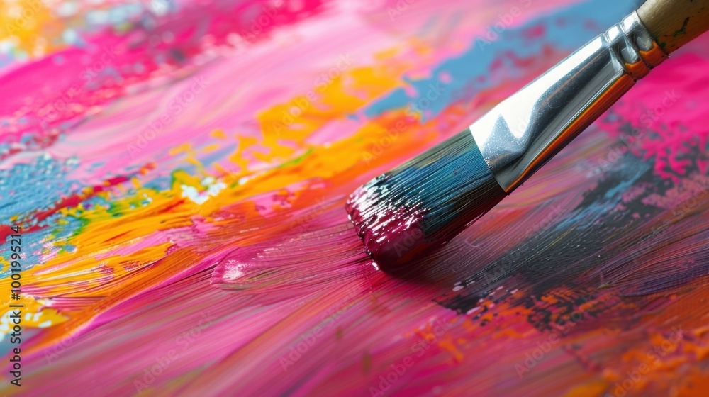 Brush with vibrant paint on colorful canvas Brush with vibrant paint on colorful canvas