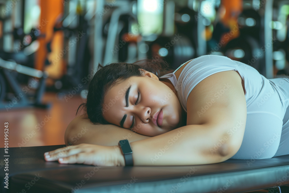 Fatigued overweight woman taking a break after gym exercise session Fatigued overweight woman taking a break after gym exercise session