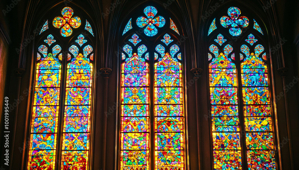 Fototapeta premium A vibrant stained glass design with intricate patterns and rich colors, resembling classic church or cathedral windows