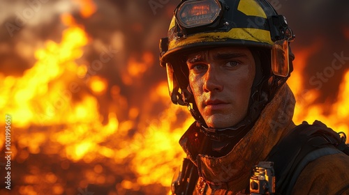 Brave firefighter stands resilient in front of intense flames during a wildfire emergency situation at dusk