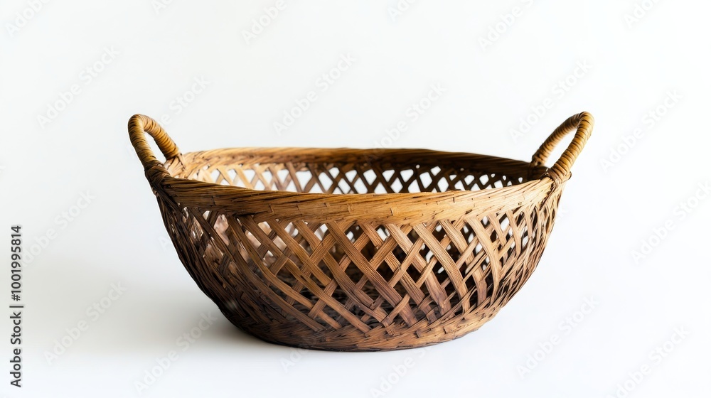 Woven wicker basket with handles on white Woven wicker basket with handles on white