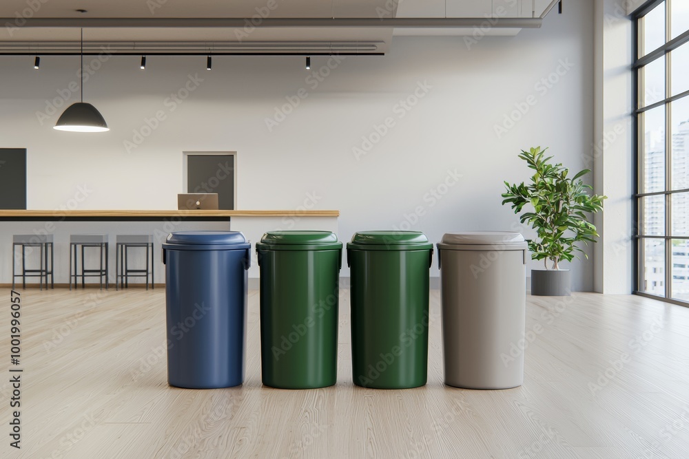 Modern Office Space with Organized Recycling Bins Modern Office Space with Organized Recycling Bins