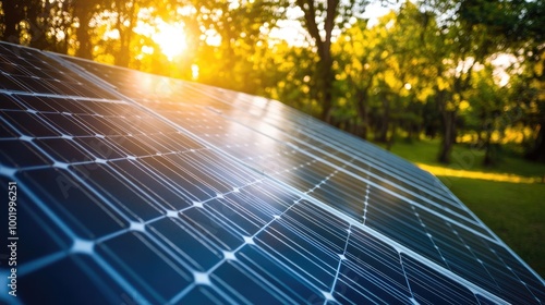 Close-up of a new energy-efficient solar panel system with high-tech features, set in a natural and modern residential setting