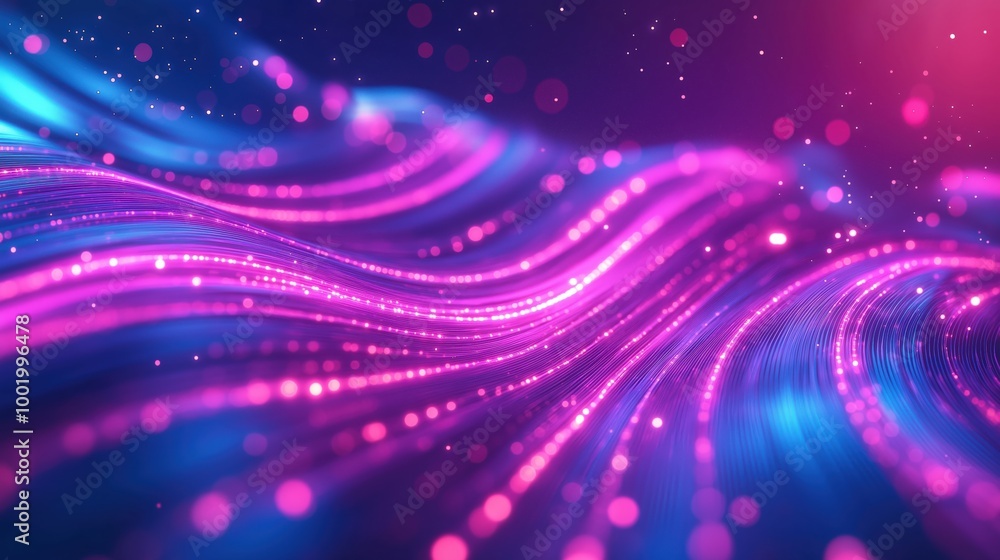 Data transfer, neon pink and blue wave lines flow rapidly across a dark futuristic background Data transfer, neon pink and blue wave lines flow rapidly across a dark futuristic background