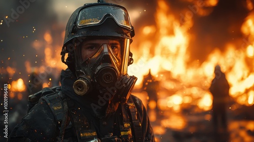 Heroic firefighter in protective gear combats flames at a massive blaze during a nighttime rescue operation in an urban setting