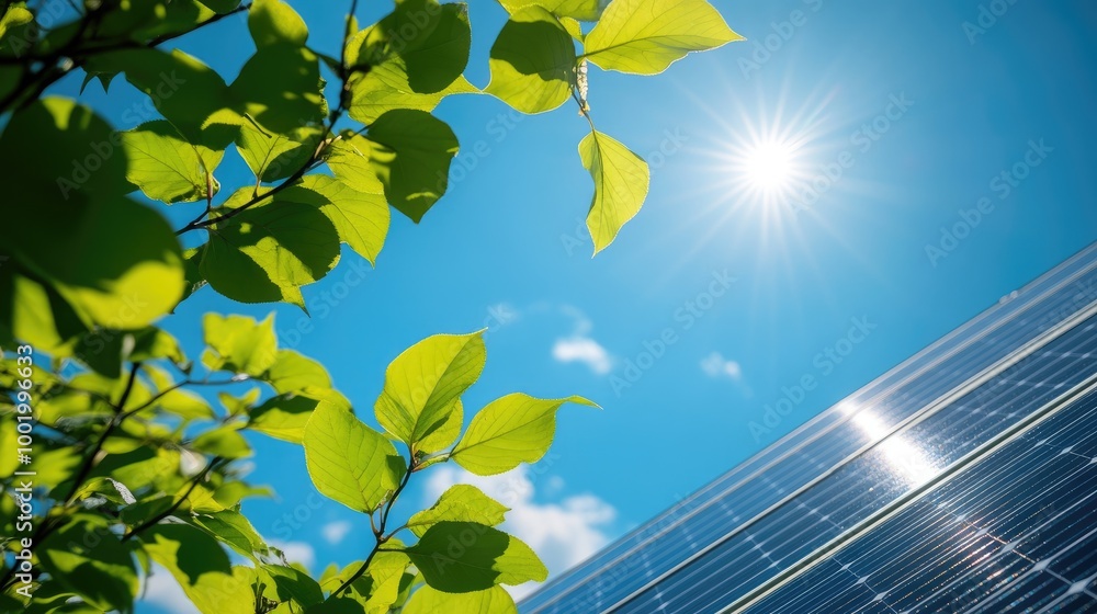 Obraz premium Close-up of a solar panel with green leaves and a bright blue sky, illustrating the blend of technology and nature