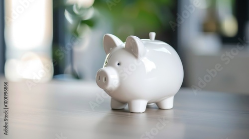 White Piggy Bank on Wooden Table in Bright Environment