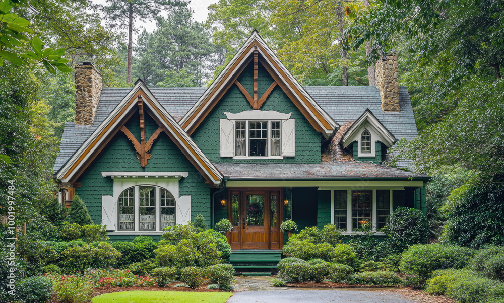 A green craftsman home with white trim, surrounded by lush trees and shrubs A green craftsman home with white trim, surrounded by lush trees and shrubs