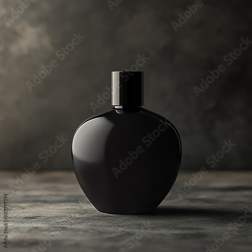 black modern round bottle perfumelike dyptique or le labo product shot with infinity pitch black backdrop, flat cap, studio photography, clean, HD, Detailed, jet black, tar photo