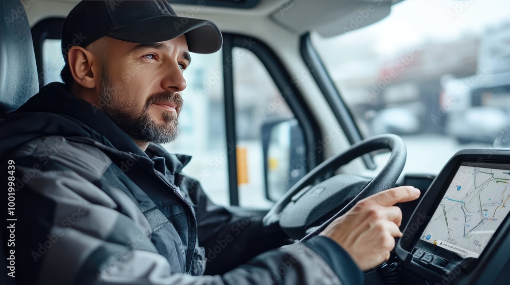 Delivery drivers using GPS devices to navigate and manage routes, ensuring timely and accurate deliveries Delivery drivers using GPS devices to navigate and manage routes, ensuring timely and accurate deliveries