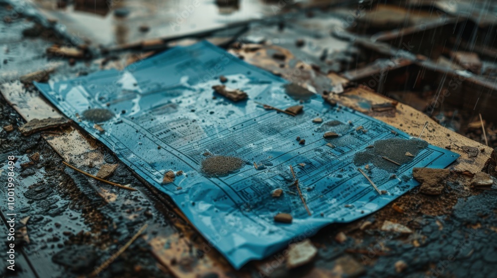 Naklejka premium Wet Blueprint on a Rainy Construction Site