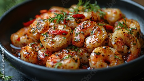 Savory sautéed shrimp dish garnished with herbs and spices served in a black bowl with a rich aroma