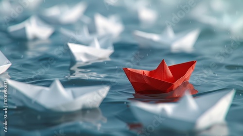 Red Paper Boat Among White Boats on Water