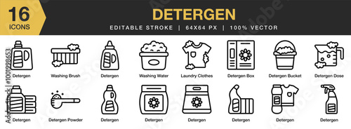 Detergent icon set. Editable Stroke Icon Collection. Includes box, bucket, dose, powder, laundry washing brush, and More. Outline icons vector collection.