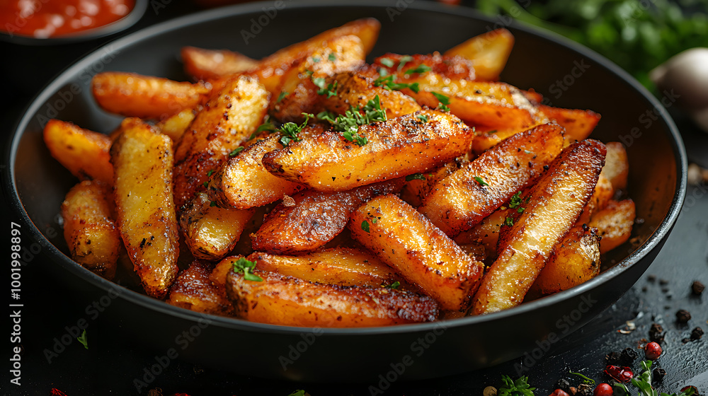 Crispy Fries in a Pan with Spices and Oil on a Dark Background, Highlighting Comfort Food with a Rich, Flavorful Atmosphere
Crispy Fries in a Pan with Spices and Oil on a Dark Background, Highlighting Comfort Food with a Rich, Flavorful Atmosphere