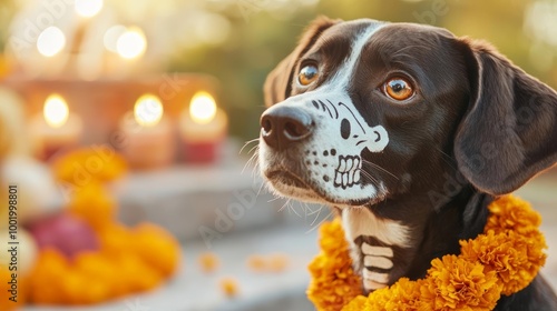 Dog with a skeleton costume and vibrant marigold necklace, sitting next to a brightly lit Day of the Dead altar photo