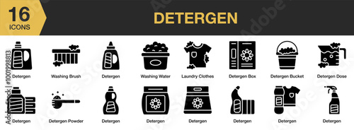 Detergent solid icon set. Includes box, bucket, dose, powder, laundry washing brush, and More. Solid icons vector collection.