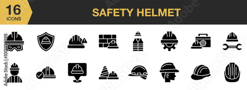 Safety Helm solid icon set. Includes safety helmet icons, and More. Solid icons vector collection.