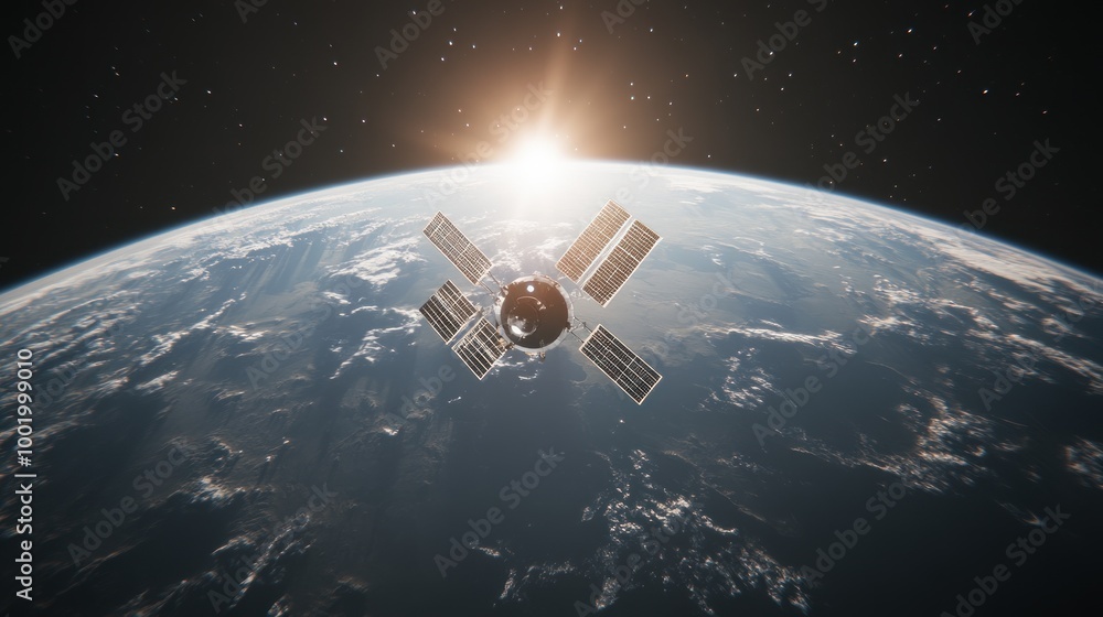A satellite orbits Earth with the sun rising in the background. A satellite orbits Earth with the sun rising in the background.