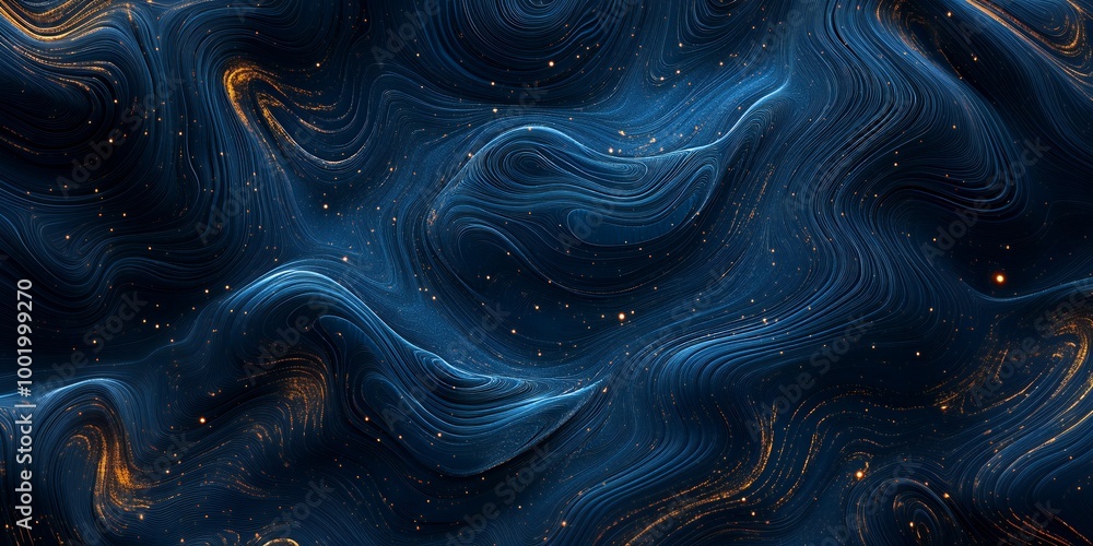 Obraz premium Abstract background with swirling blue and gold lines and sparkling lights.