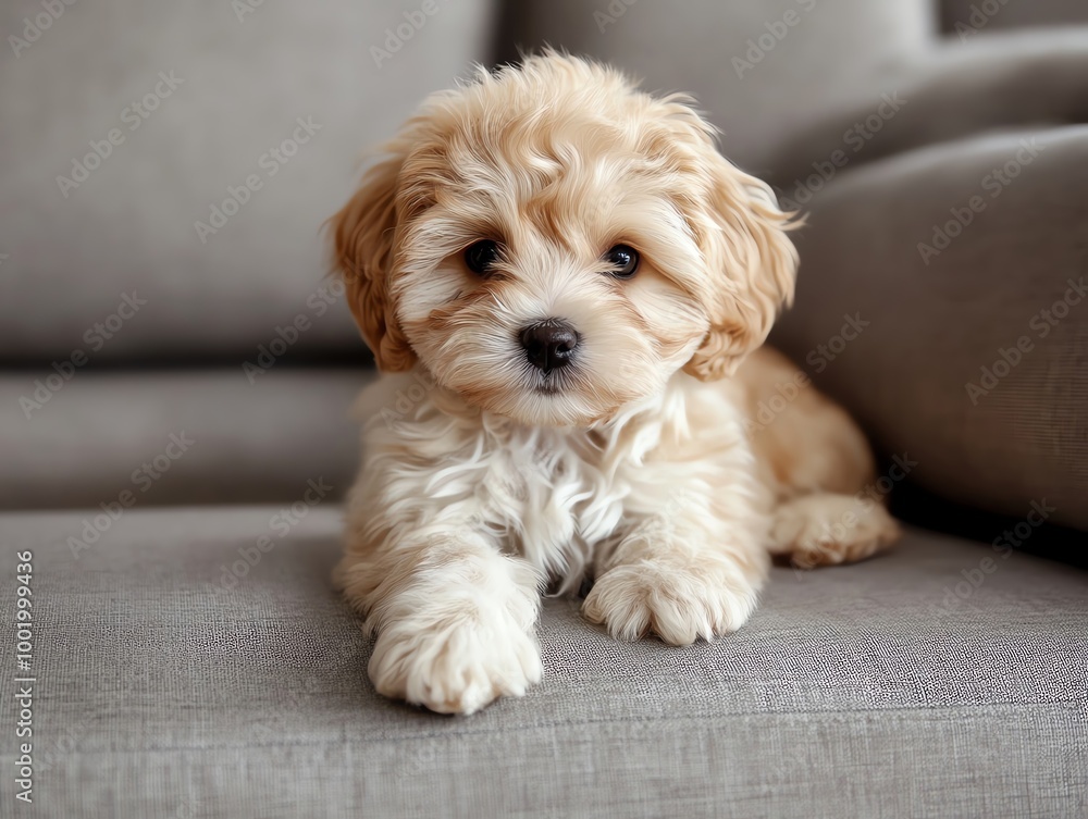 cute maltipoo puppy setting on sofa cute maltipoo puppy setting on sofa