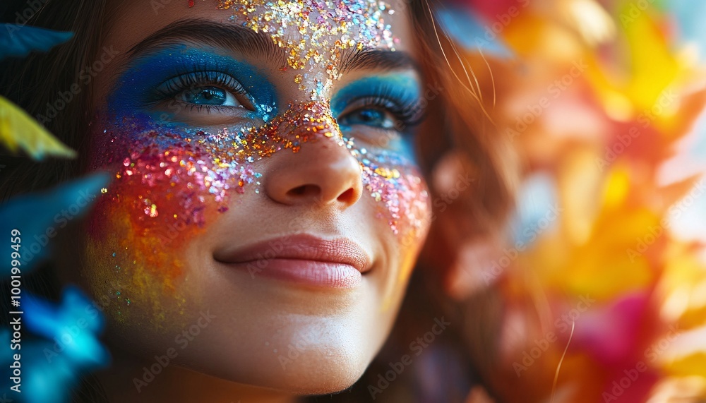 Vibrant Pride Celebration: Close-up of Participant in Colorful Face Paint Surrounded by Festive Decorations, Radiating Emotion Vibrant Pride Celebration: Close-up of Participant in Colorful Face Paint Surrounded by Festive Decorations, Radiating Emotion