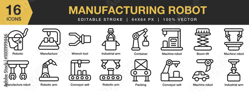 Manufacturing Robot icon set. Editable Stroke Icon Collection. Includes boom lift, container, conveyor belt, industrial, machine, and More. Outline icons vector collection.