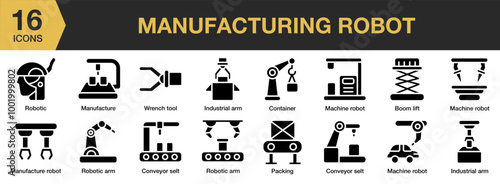 Manufacturing Robot solid icon set. Includes wrench tool, robotic, packing, manufacture, and More. Solid icons vector collection.